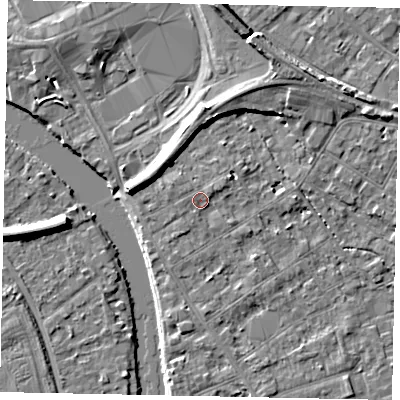 Shaded relief map of the ground around TW182AA, computed from Environment Agency LiDAR. The ground here sits at about 15 m above sea level and falls 7 m across the surrounding 800 m. Surface water reaching this point runs off ground lying to the north-east, 1.2 m higher.