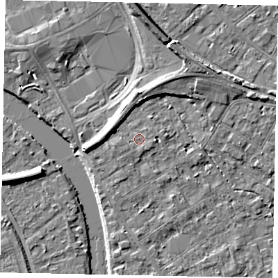 Shaded relief map of the ground around TW182AB, computed from Environment Agency LiDAR. The ground here sits at about 15 m above sea level and falls 8 m across the surrounding 800 m. Surface water reaching this point runs off ground lying to the south-east, 0.7 m higher.