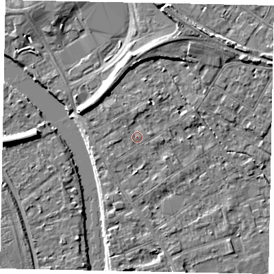 Shaded relief map of the ground around TW182AE, computed from Environment Agency LiDAR. The ground here sits at about 15 m above sea level and falls 7 m across the surrounding 800 m. Surface water reaching this point runs off ground lying to the north, 1.3 m higher.