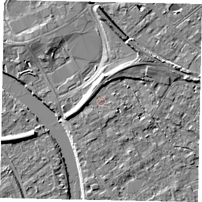 Shaded relief map of the ground around TW182AF, computed from Environment Agency LiDAR. The ground here sits at about 15 m above sea level and falls 8 m across the surrounding 800 m. Surface water reaching this point runs off ground lying to the west-south-west, 4.8 m higher.