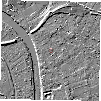 Shaded relief map of the ground around TW182AG, computed from Environment Agency LiDAR. The ground here sits at about 15 m above sea level and falls 7 m across the surrounding 800 m. Surface water reaching this point runs off ground lying to the south-south-east, 0.9 m higher.