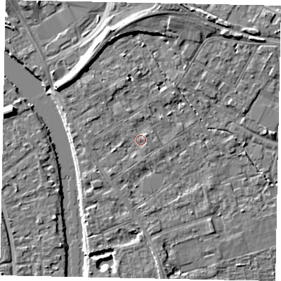 Shaded relief map of the ground around TW182AH, computed from Environment Agency LiDAR. The ground here sits at about 15 m above sea level and falls 7 m across the surrounding 800 m. Surface water reaching this point runs off ground lying to the north-north-west, 1.5 m higher.