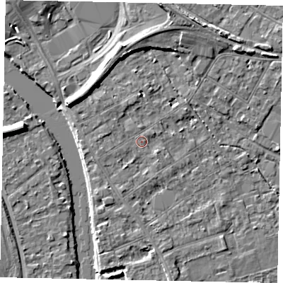 Shaded relief map of the ground around TW182AJ, computed from Environment Agency LiDAR. The ground here sits at about 15 m above sea level and falls 7 m across the surrounding 800 m. Surface water reaching this point runs off ground lying to the north-north-west, 1.5 m higher.