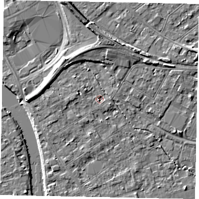 Shaded relief map of the ground around TW182AN, computed from Environment Agency LiDAR. The ground here sits at about 14 m above sea level and falls 7 m across the surrounding 800 m. Surface water reaching this point runs off ground lying to the west-north-west, 2.2 m higher.