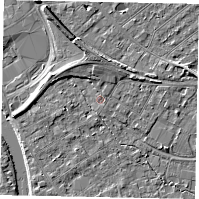 Shaded relief map of the ground around TW182AP, computed from Environment Agency LiDAR. The ground here sits at about 15 m above sea level and falls 8 m across the surrounding 800 m. Surface water reaching this point runs off ground lying to the west, 5.8 m higher.