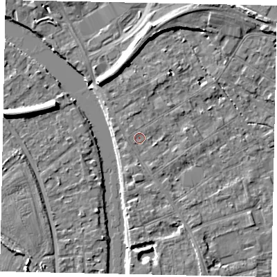 Shaded relief map of the ground around TW182AQ, computed from Environment Agency LiDAR. The ground here sits at about 15 m above sea level and falls 7 m across the surrounding 800 m. The ground contributing surface water to this point lies to the west.