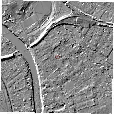Shaded relief map of the ground around TW182AU, computed from Environment Agency LiDAR. The ground here sits at about 15 m above sea level and falls 7 m across the surrounding 800 m. Surface water reaching this point runs off ground lying to the north, 1.3 m higher.