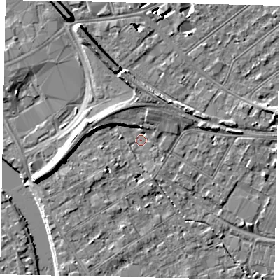 Shaded relief map of the ground around TW182AW, computed from Environment Agency LiDAR. The ground here sits at about 14 m above sea level and falls 9 m across the surrounding 800 m. Surface water reaching this point runs off ground lying to the west-south-west, 5.8 m higher.