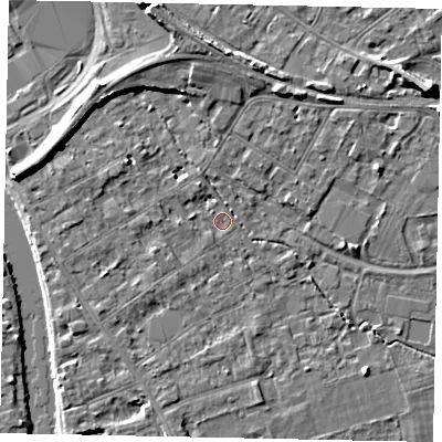 Shaded relief map of the ground around TW182AX, computed from Environment Agency LiDAR. The ground here sits at about 14 m above sea level and falls 7 m across the surrounding 800 m. Surface water reaching this point runs off ground lying to the west-north-west, 6.0 m higher.