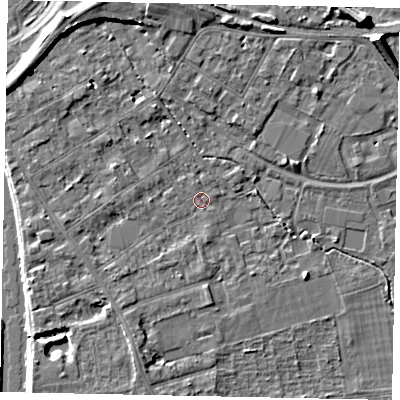 Shaded relief map of the ground around TW182AY, computed from Environment Agency LiDAR. The ground here sits at about 14 m above sea level and falls 7 m across the surrounding 800 m. Surface water reaching this point runs off ground lying to the south-south-west, 1.8 m higher.