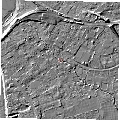 Shaded relief map of the ground around TW182AZ, computed from Environment Agency LiDAR. The ground here sits at about 14 m above sea level and falls 7 m across the surrounding 800 m. Surface water reaching this point runs off ground lying to the west-north-west, 5.7 m higher.