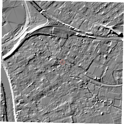 Shaded relief map of the ground around TW182BA, computed from Environment Agency LiDAR. The ground here sits at about 15 m above sea level and falls 7 m across the surrounding 800 m. Surface water reaching this point runs off ground lying to the west, 5.9 m higher.