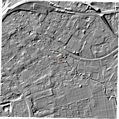 Shaded relief map of the ground around TW182BB, computed from Environment Agency LiDAR. The ground here sits at about 15 m above sea level and falls 7 m across the surrounding 800 m. Surface water reaching this point runs off ground lying to the west, 0.9 m higher.