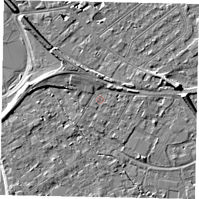 Shaded relief map of the ground around TW182BD, computed from Environment Agency LiDAR. The ground here sits at about 15 m above sea level and falls 9 m across the surrounding 800 m. Surface water reaching this point runs off ground lying to the south-east, 0.7 m higher.