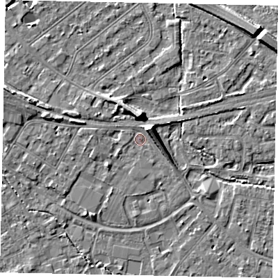 Shaded relief map of the ground around TW182BN, computed from Environment Agency LiDAR. The ground here sits at about 15 m above sea level and falls 7 m across the surrounding 800 m. Surface water reaching this point runs off ground lying to the north-east, 5.5 m higher.