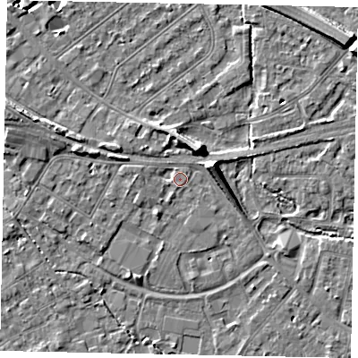 Shaded relief map of the ground around TW182BT, computed from Environment Agency LiDAR. The ground here sits at about 15 m above sea level and falls 8 m across the surrounding 800 m. Surface water reaching this point runs off ground lying to the west, 1.4 m higher.