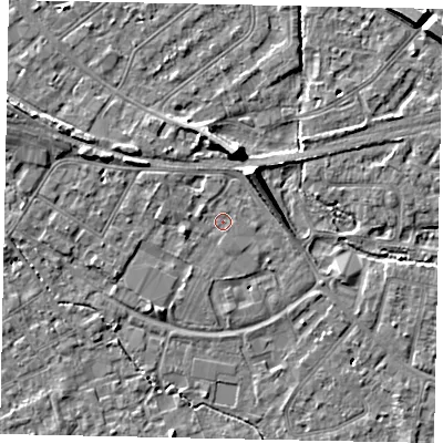 Shaded relief map of the ground around TW182BU, computed from Environment Agency LiDAR. The ground here sits at about 15 m above sea level and falls 7 m across the surrounding 800 m. Surface water reaching this point runs off ground lying to the west-north-west, 0.9 m higher.