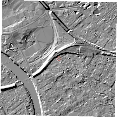 Shaded relief map of the ground around TW182BW, computed from Environment Agency LiDAR. The ground here sits at about 15 m above sea level and falls 9 m across the surrounding 800 m. Surface water reaching this point runs off ground lying to the south-west, 5.8 m higher.