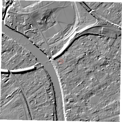 Shaded relief map of the ground around TW182BX, computed from Environment Agency LiDAR. The ground here sits at about 15 m above sea level and falls 7 m across the surrounding 800 m. Surface water reaching this point runs off ground lying to the west-north-west, 4.5 m higher.