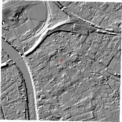 Shaded relief map of the ground around TW182BY, computed from Environment Agency LiDAR. The ground here sits at about 15 m above sea level and falls 7 m across the surrounding 800 m. Surface water reaching this point runs off ground lying to the north-north-west, 1.4 m higher.