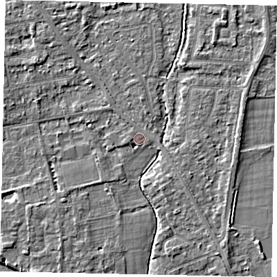 Shaded relief map of the ground around TW182DA, computed from Environment Agency LiDAR. The ground here sits at about 14 m above sea level and falls 4 m across the surrounding 800 m. Surface water reaching this point runs off ground lying to the west, 1.9 m higher.