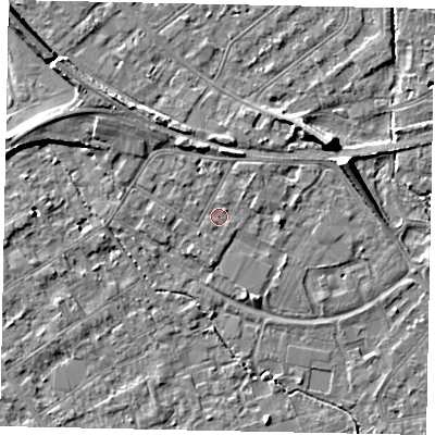Shaded relief map of the ground around TW182DE, computed from Environment Agency LiDAR. The ground here sits at about 15 m above sea level and falls 7 m across the surrounding 800 m. Surface water reaching this point runs off ground lying to the north-east, 0.7 m higher.