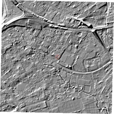 Shaded relief map of the ground around TW182DH, computed from Environment Agency LiDAR. The ground here sits at about 15 m above sea level and falls 7 m across the surrounding 800 m. Surface water reaching this point runs off ground lying to the north-north-west, 3.4 m higher.