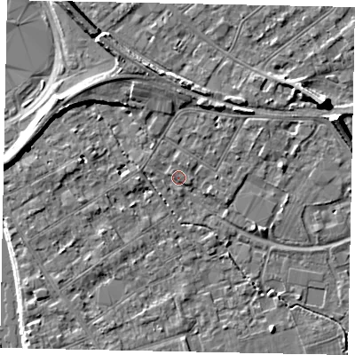 Shaded relief map of the ground around TW182DJ, computed from Environment Agency LiDAR. The ground here sits at about 15 m above sea level and falls 7 m across the surrounding 800 m. Surface water reaching this point runs off ground lying to the north-east, 1.5 m higher.