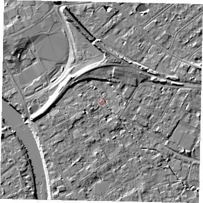 Shaded relief map of the ground around TW182DL, computed from Environment Agency LiDAR. The ground here sits at about 15 m above sea level and falls 8 m across the surrounding 800 m. Surface water reaching this point runs off ground lying to the west-south-west, 2.4 m higher.