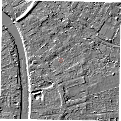 Shaded relief map of the ground around TW182DN, computed from Environment Agency LiDAR. The ground here sits at about 15 m above sea level and falls 7 m across the surrounding 800 m. Surface water reaching this point runs off ground lying to the south-west, 1.4 m higher.