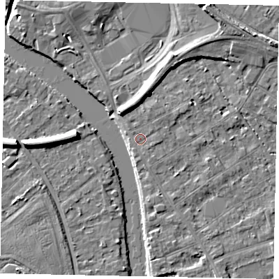 Shaded relief map of the ground around TW182DS, computed from Environment Agency LiDAR. The ground here sits at about 15 m above sea level and falls 7 m across the surrounding 800 m. Surface water reaching this point runs off ground lying to the east, 0.8 m higher.