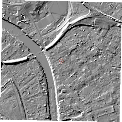 Shaded relief map of the ground around TW182DU, computed from Environment Agency LiDAR. The ground here sits at about 16 m above sea level and falls 7 m across the surrounding 800 m. Surface water reaching this point runs off ground lying to the south-east, 0.8 m higher.