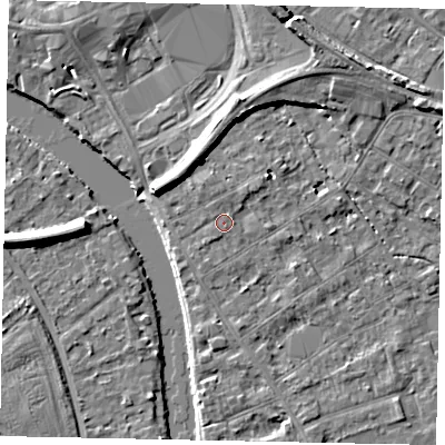 Shaded relief map of the ground around TW182DW, computed from Environment Agency LiDAR. The ground here sits at about 15 m above sea level and falls 7 m across the surrounding 800 m. Surface water reaching this point runs off ground lying to the south-east, 0.9 m higher.