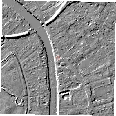 Shaded relief map of the ground around TW182DX, computed from Environment Agency LiDAR. The ground here sits at about 15 m above sea level and falls 7 m across the surrounding 800 m. Surface water reaching this point runs off ground lying to the east, 1.8 m higher.