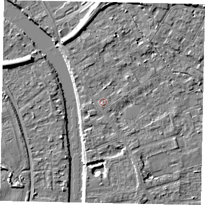 Shaded relief map of the ground around TW182DY, computed from Environment Agency LiDAR. The ground here sits at about 15 m above sea level and falls 7 m across the surrounding 800 m. Surface water reaching this point runs off ground lying to the south, 0.7 m higher.