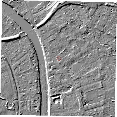 Shaded relief map of the ground around TW182DZ, computed from Environment Agency LiDAR. The ground here sits at about 15 m above sea level and falls 7 m across the surrounding 800 m. Surface water reaching this point runs off ground lying to the south-south-east, 0.7 m higher.
