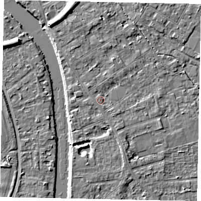 Shaded relief map of the ground around TW182EA, computed from Environment Agency LiDAR. The ground here sits at about 15 m above sea level and falls 7 m across the surrounding 800 m. Surface water reaching this point runs off ground lying to the south-south-east, 1.0 m higher.