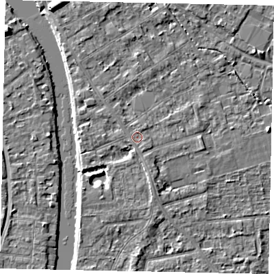 Shaded relief map of the ground around TW182EB, computed from Environment Agency LiDAR. The ground here sits at about 15 m above sea level and falls 7 m across the surrounding 800 m. Surface water reaching this point runs off ground lying to the south-south-east, 0.9 m higher.