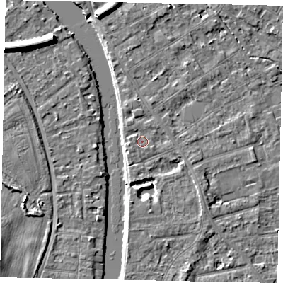 Shaded relief map of the ground around TW182ED, computed from Environment Agency LiDAR. The ground here sits at about 15 m above sea level and falls 7 m across the surrounding 800 m. Surface water reaching this point runs off ground lying to the north, 1.0 m higher.
