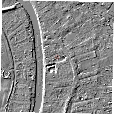 Shaded relief map of the ground around TW182EE, computed from Environment Agency LiDAR. The ground here sits at about 15 m above sea level and falls 7 m across the surrounding 800 m. Surface water reaching this point runs off ground lying to the south-east, 3.1 m higher.