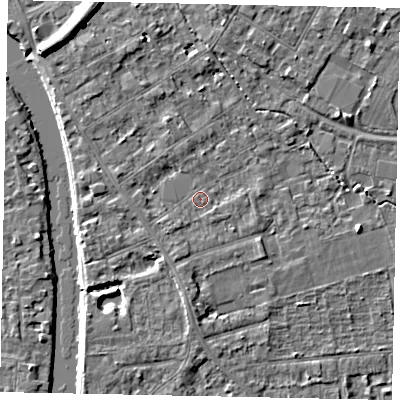 Shaded relief map of the ground around TW182EH, computed from Environment Agency LiDAR. The ground here sits at about 15 m above sea level and falls 7 m across the surrounding 800 m. Surface water reaching this point runs off ground lying to the south, 1.4 m higher.