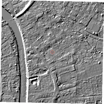 Shaded relief map of the ground around TW182EJ, computed from Environment Agency LiDAR. The ground here sits at about 15 m above sea level and falls 7 m across the surrounding 800 m. The ground contributing surface water to this point lies to the south-south-west.