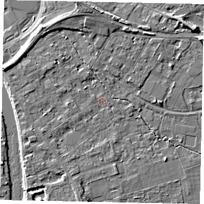 Shaded relief map of the ground around TW182EL, computed from Environment Agency LiDAR. The ground here sits at about 15 m above sea level and falls 7 m across the surrounding 800 m. Surface water reaching this point runs off ground lying to the west-north-west, 0.8 m higher.