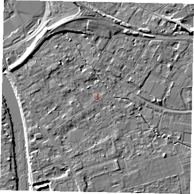 Shaded relief map of the ground around TW182EN, computed from Environment Agency LiDAR. The ground here sits at about 15 m above sea level and falls 7 m across the surrounding 800 m. Surface water reaching this point runs off ground lying to the west-north-west, 1.6 m higher.