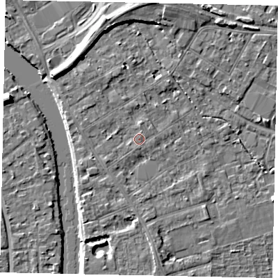 Shaded relief map of the ground around TW182EP, computed from Environment Agency LiDAR. The ground here sits at about 15 m above sea level and falls 7 m across the surrounding 800 m. Surface water reaching this point runs off ground lying to the south-west, 0.8 m higher.