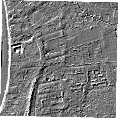 Shaded relief map of the ground around TW182EQ, computed from Environment Agency LiDAR. The ground here sits at about 15 m above sea level and falls 4 m across the surrounding 800 m. Surface water reaching this point runs off ground lying to the north-west, 2.1 m higher.