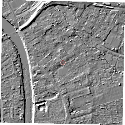 Shaded relief map of the ground around TW182ES, computed from Environment Agency LiDAR. The ground here sits at about 15 m above sea level and falls 7 m across the surrounding 800 m. Surface water reaching this point runs off ground lying to the south-south-west, 1.4 m higher.