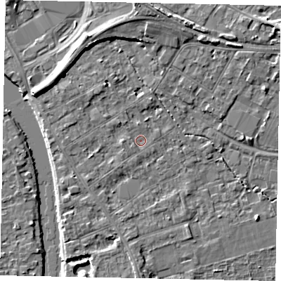 Shaded relief map of the ground around TW182EW, computed from Environment Agency LiDAR. The ground here sits at about 15 m above sea level and falls 7 m across the surrounding 800 m. Surface water reaching this point runs off ground lying to the north-west, 1.5 m higher.