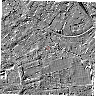 Shaded relief map of the ground around TW182EX, computed from Environment Agency LiDAR. The ground here sits at about 14 m above sea level and falls 7 m across the surrounding 800 m. Surface water reaching this point runs off ground lying to the south-west, 2.1 m higher.