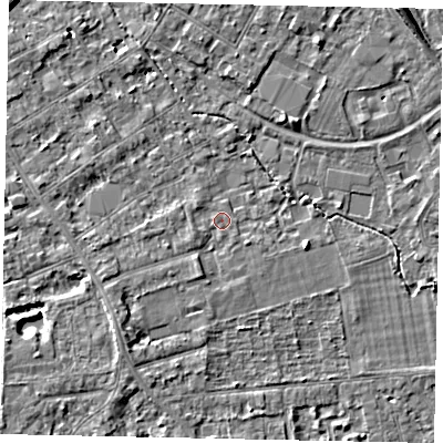 Shaded relief map of the ground around TW182EY, computed from Environment Agency LiDAR. The ground here sits at about 15 m above sea level and falls 6 m across the surrounding 800 m. Surface water reaching this point runs off ground lying to the west-south-west, 1.4 m higher.